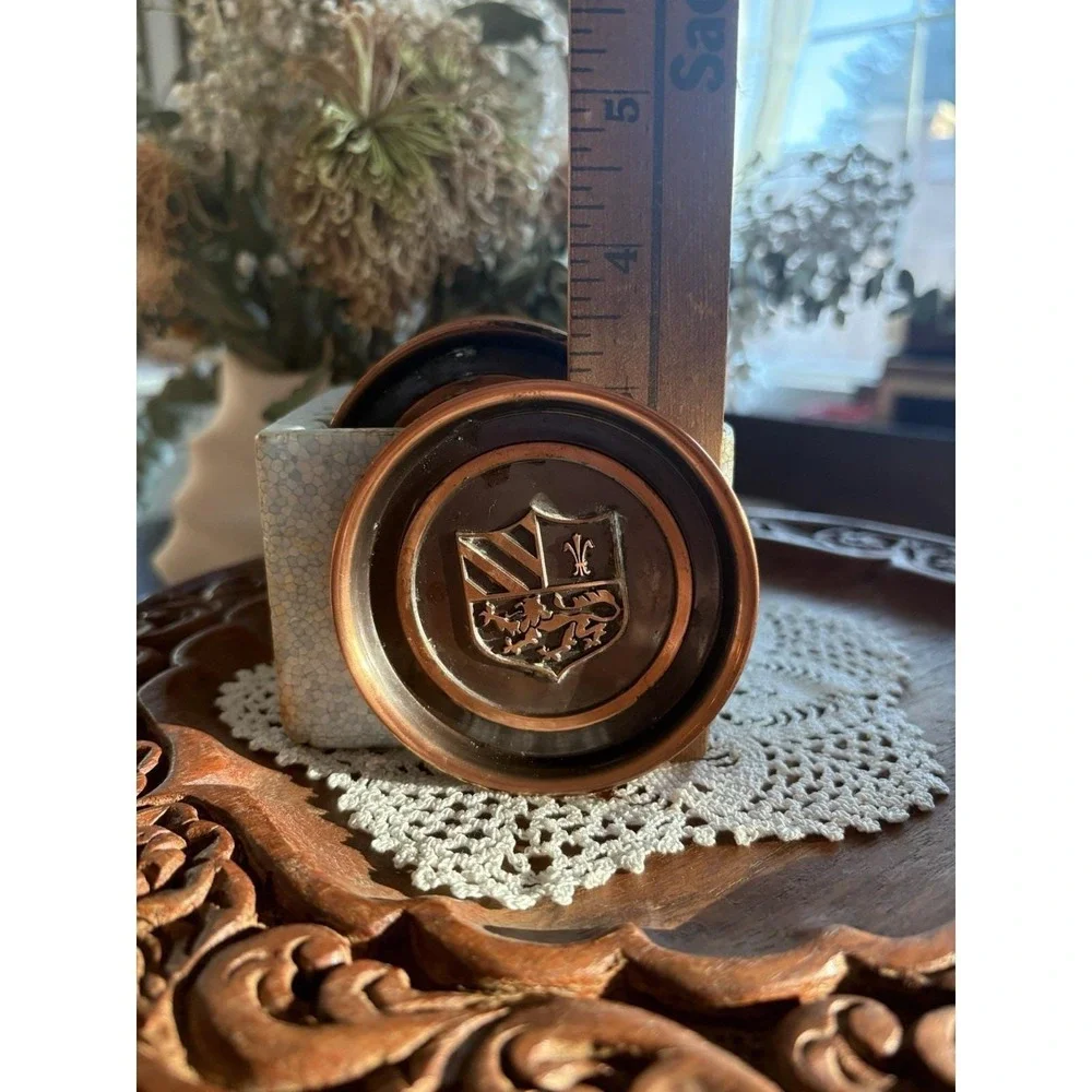Vintage Hyde Park Copper Metal Coasters Set of 8 Heraldic Crest Shield Caddy MCM